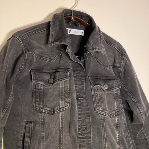 Zara Trucker Denim Jean Jacket Women's Large Distressed Black Gray Stretch - Picture 7 of 9